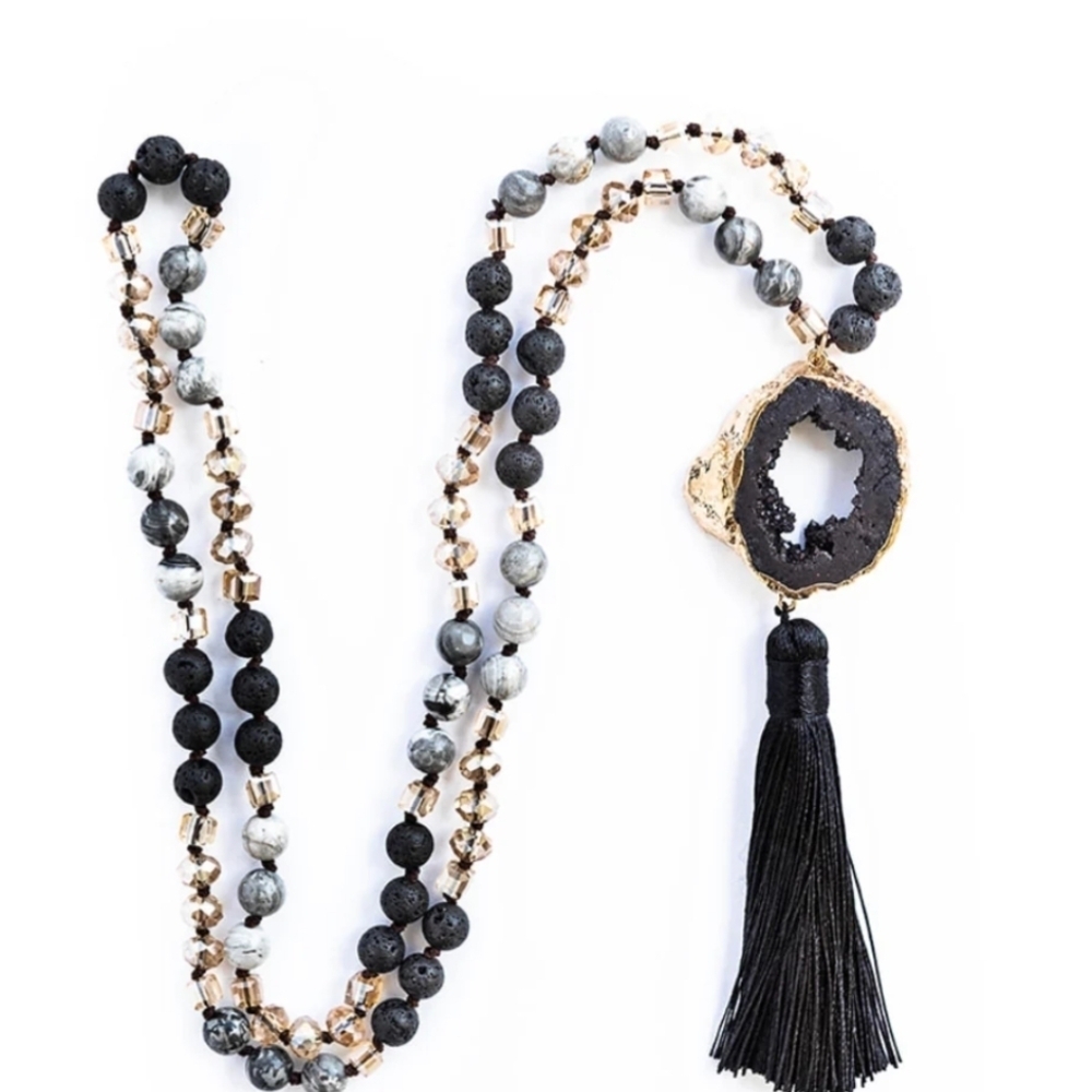 Elegant Black and Gold Beaded Necklace with Tassel